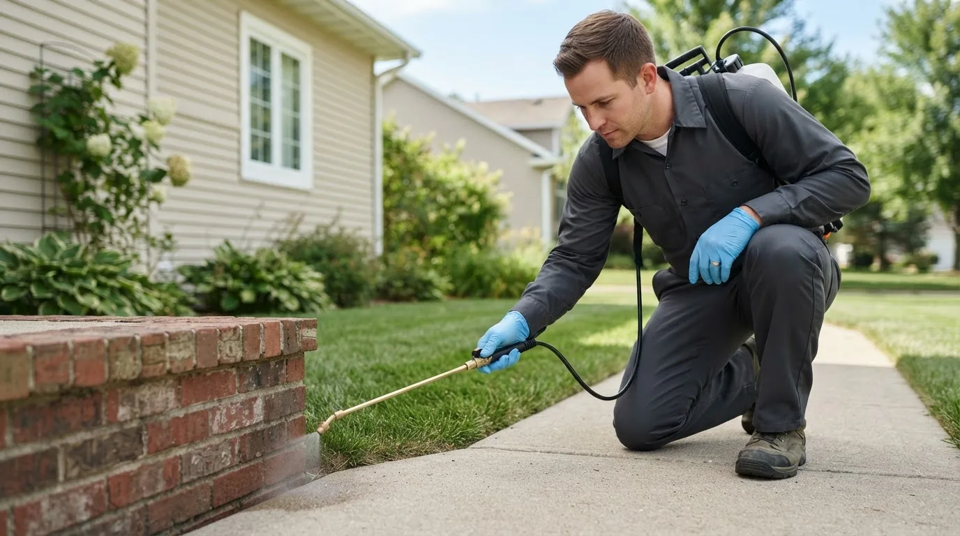 Pest control technician treating a home near Campbell, MN